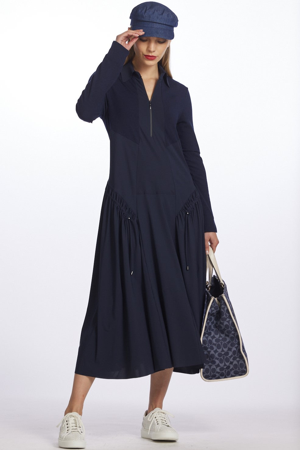 PAULA RYAN Zip Front Drawcord Dress - Navy Microjersey/Merino - Paula Ryan