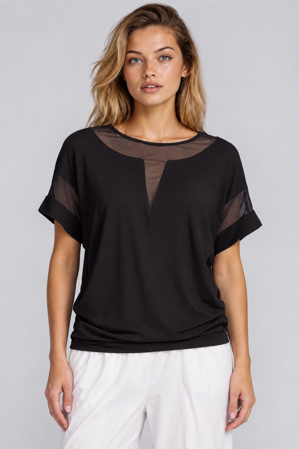 PAULA RYAN Mesh Insert Tee - Ecovero Black