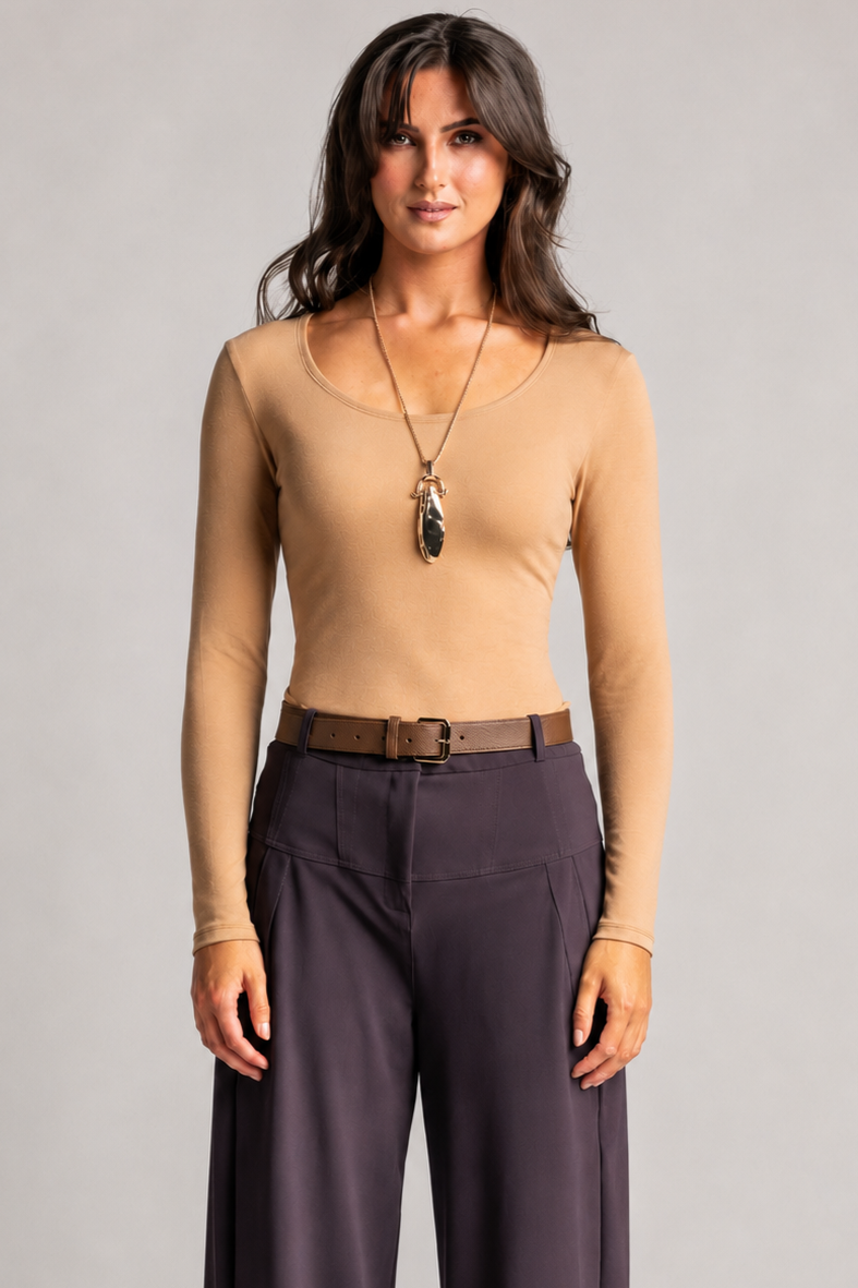 PAULA RYAN Slim Fit Scoop Neck Top - Merino Camel