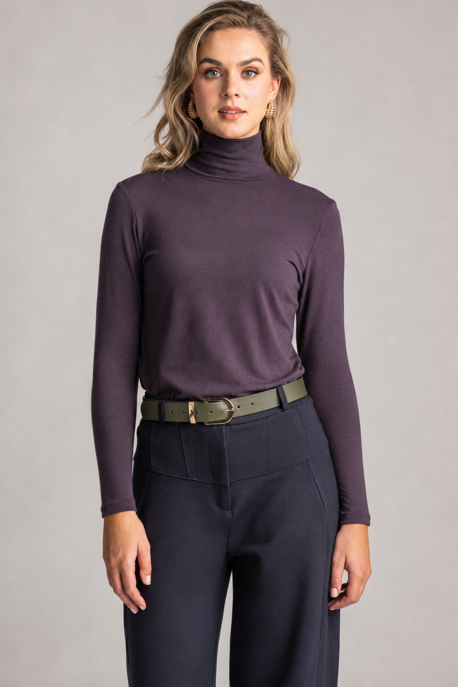 PAULA RYAN Easy Fit Polo Neck Top - Merino Cocoa plum