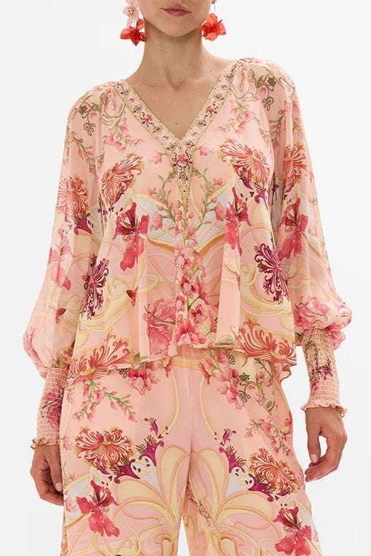 CAMILLA - Shirred Cuff Blouse Blossoms and Brushstrokes - Magpie Style