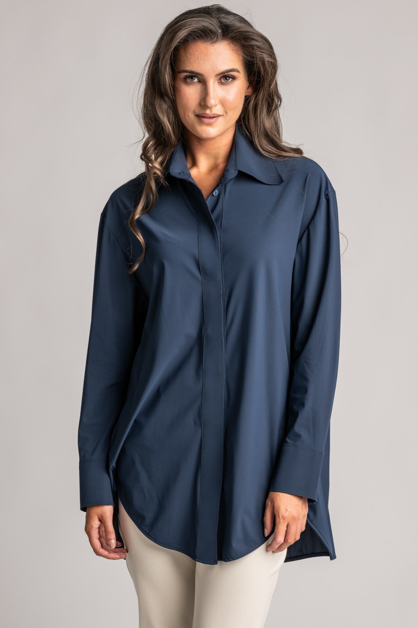 PAULA RYAN High Collar Boyfriend Shirt - Microjersey Shadow Blue - Paula Ryan