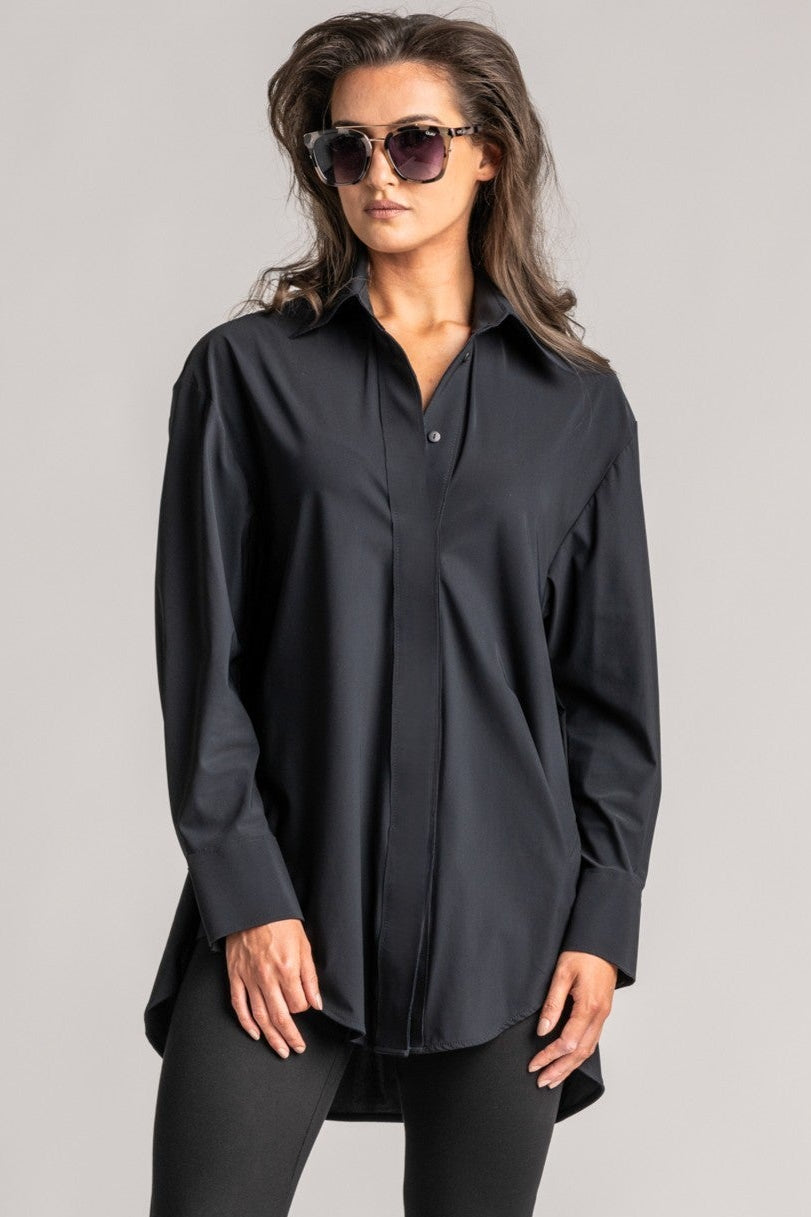 PAULA RYAN High Collar Boyfriend Shirt - Microjersey Black - Paula Ryan