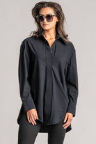PAULA RYAN High Collar Boyfriend Shirt - Microjersey Black - Paula Ryan