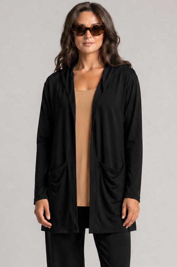 PAULA RYAN Hooded Cardigan with Pockets  - Merino Black