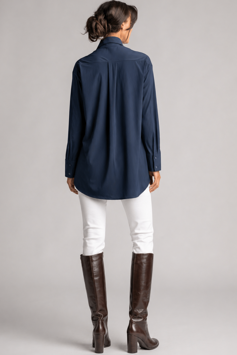 PAULA RYAN High Collar Boyfriend Shirt - Microjersey Shadow Blue - Paula Ryan