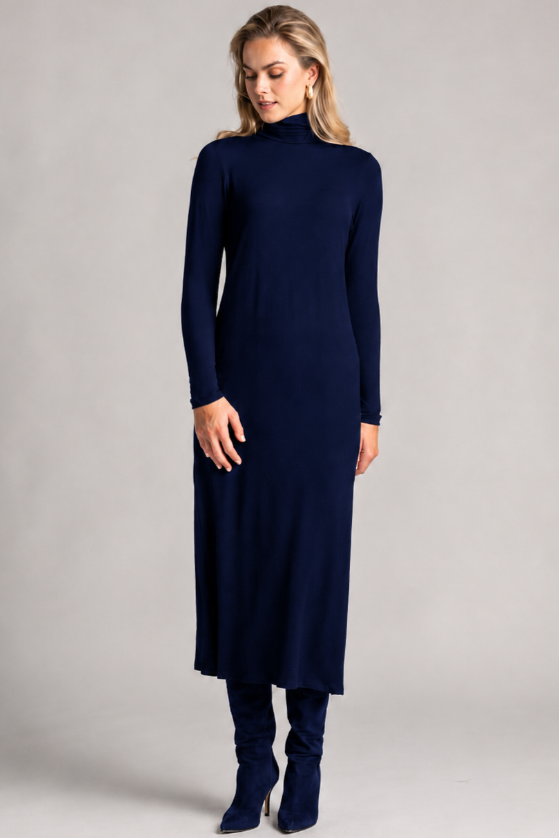 PAULA RYAN Easy Fit Polo Neck Sheath Dress - Navy Merino