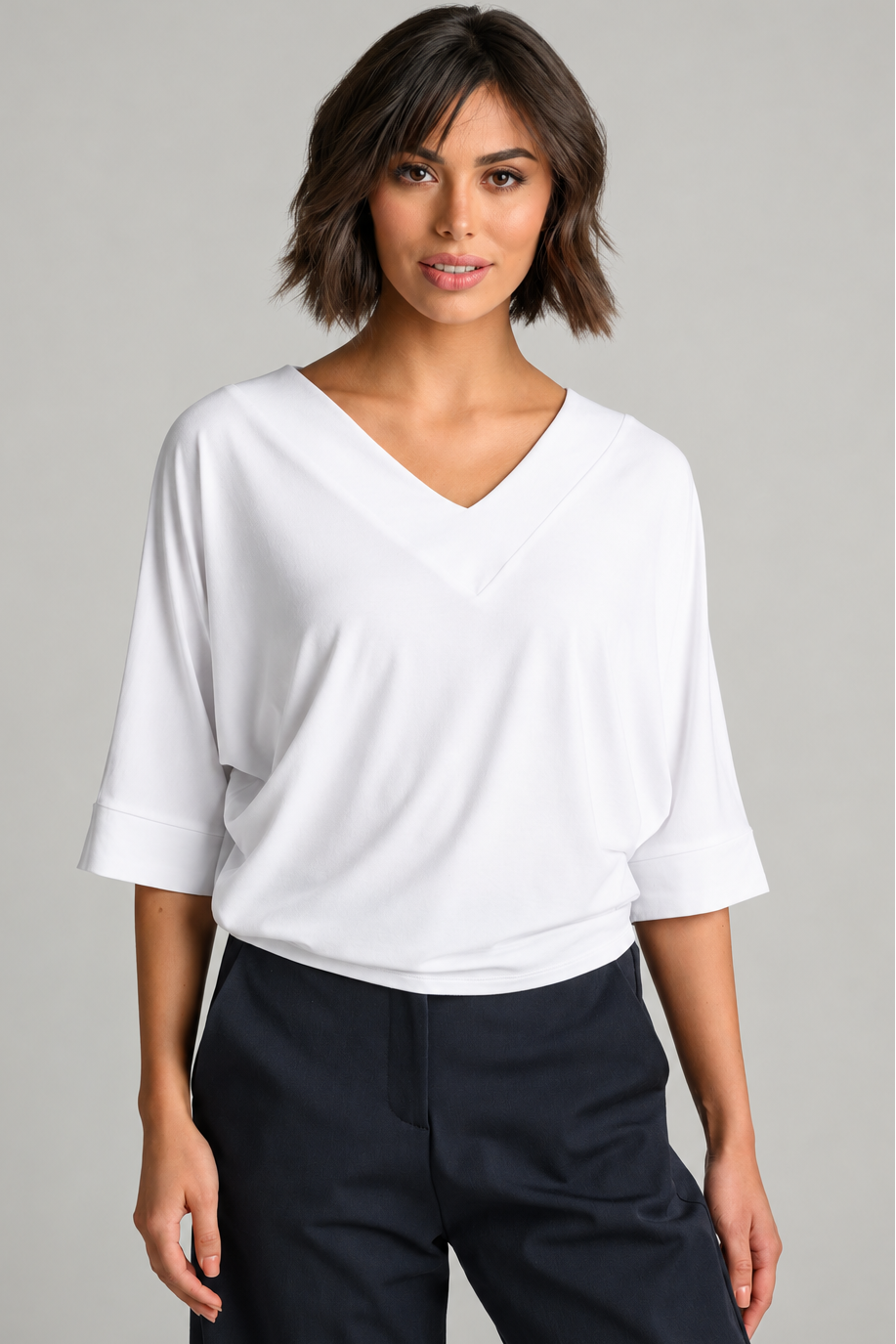 Paula Ryan B1030 V Neck Cloud Top in White, view 1