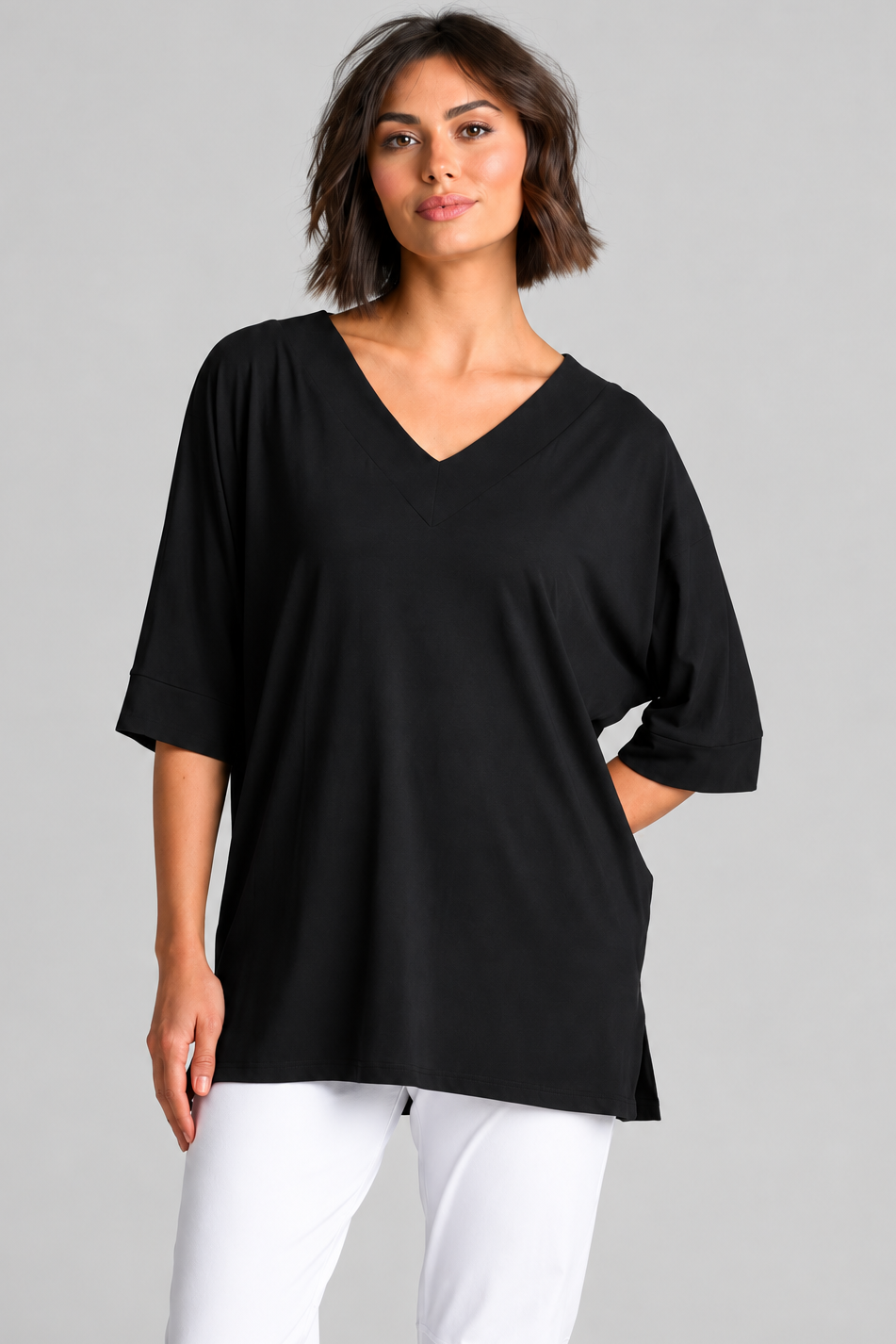 Paula Ryan B1031 Long V Neck Relaxed Top in Black, closer view 2