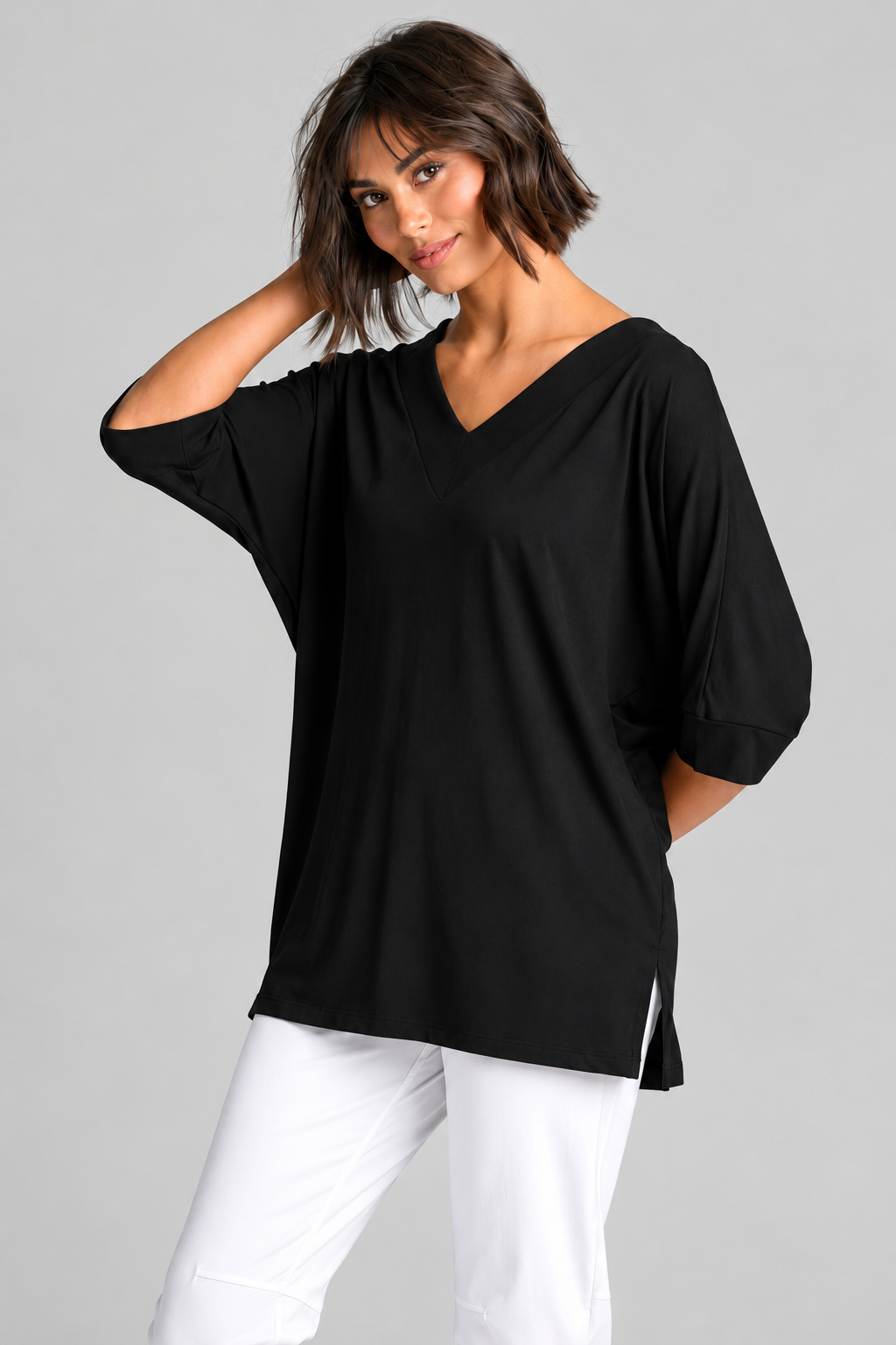 Paula Ryan B1031 Long V Neck Relaxed Top in Black, closer view 3