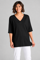 Paula Ryan B1031 Long V Neck Relaxed Top in Black, closer view 4