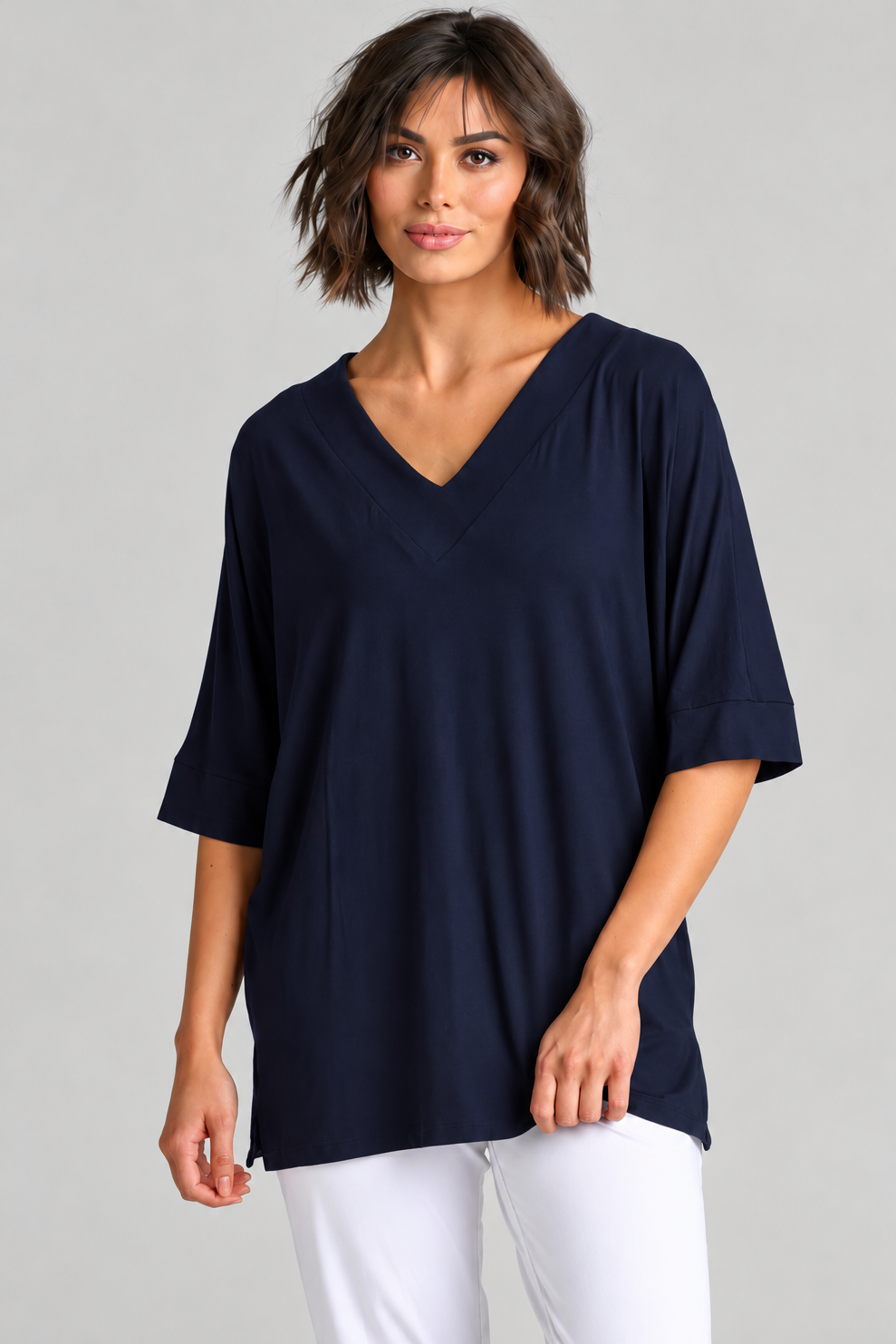 Paula Ryan B1031 Long V Neck Relaxed Top in Navy, closer view 1