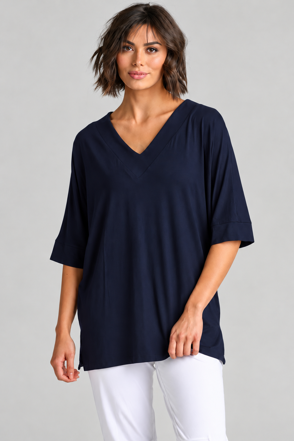 PAULA RYAN Long V Neck Relax Top - Navy EcoVero