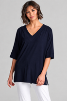 Paula Ryan B1031 Long V Neck Relaxed Top in Navy, closer view 3