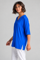 Paula Ryan B1031 Long V Neck Relaxed Top in Santorini, closer view 2