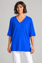 Paula Ryan B1031 Long V Neck Relaxed Top in Santorini, closer view 3