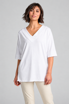 Paula Ryan B1031 Long V Neck Relaxed Top in White, closer view 4