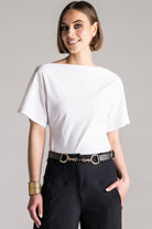 PAULA RYAN Waisted Boat Neck Top Microjersey - White - Paula Ryan