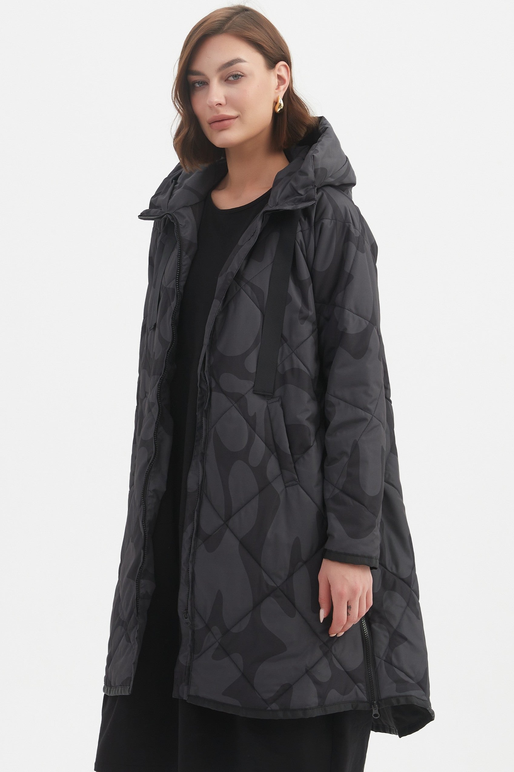 TIRELLI Print Zip Hem Winter Coat - Charcoal/Black Blot Print - Magpie Style