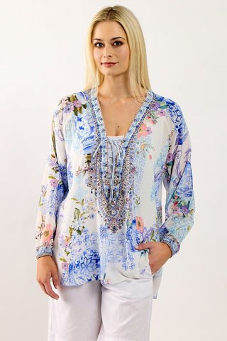 CAMILLA Lace Up Blouse Paint Me Positano