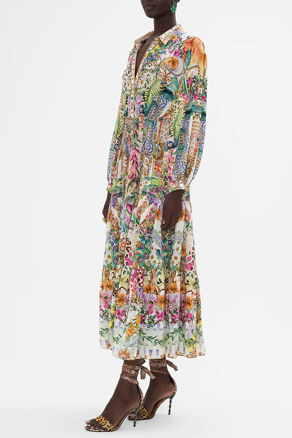CAMILLA - Tiered Long Shirt Dress Flowers of Neptune - Magpie Style