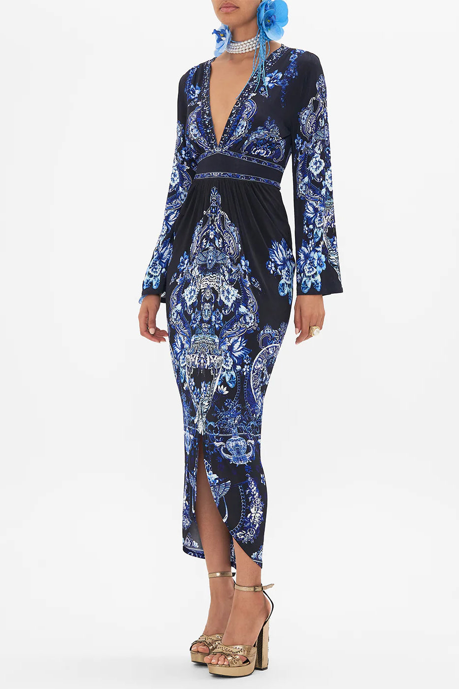 CAMILLA -  Gathered V Neck Jersey Dress Delft Dynasty - Magpie Style