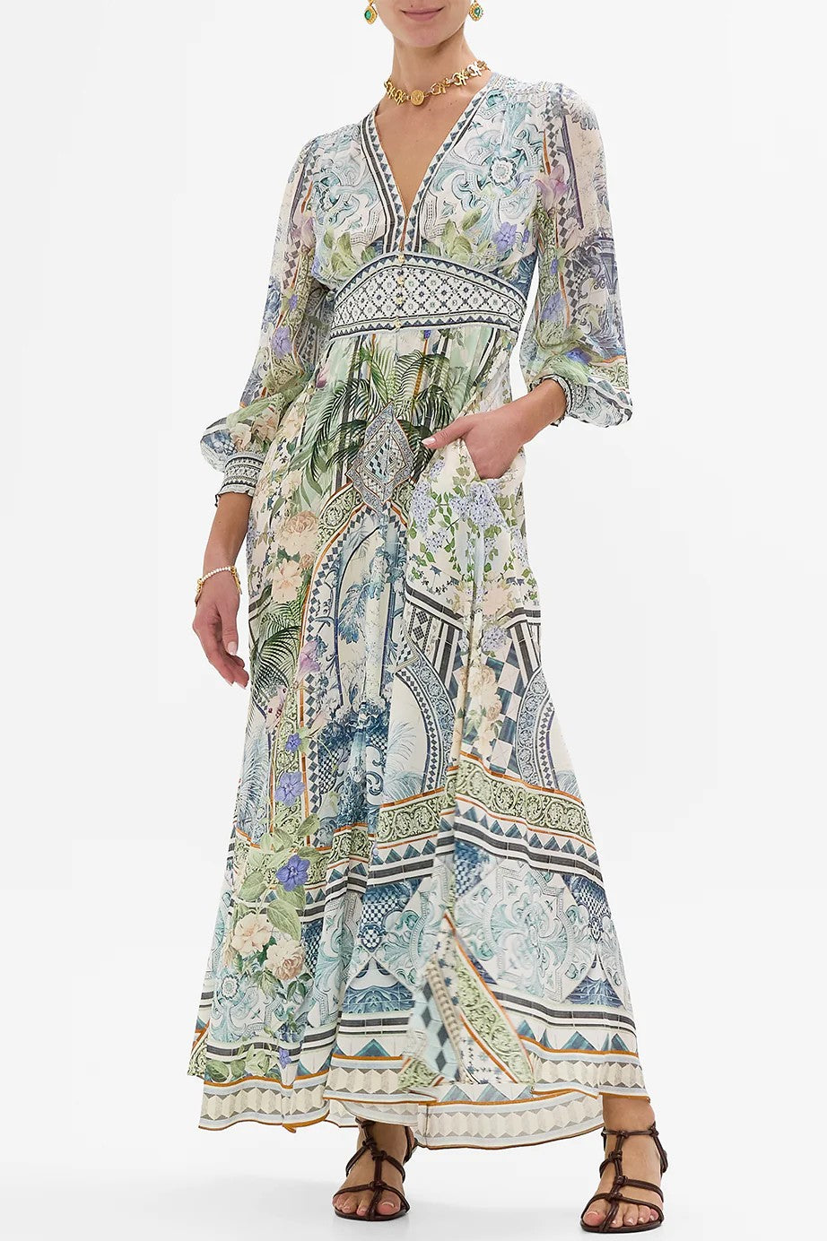 CAMILLA Button Dress with Shaped Waistband - Jardim Party - Magpie Style