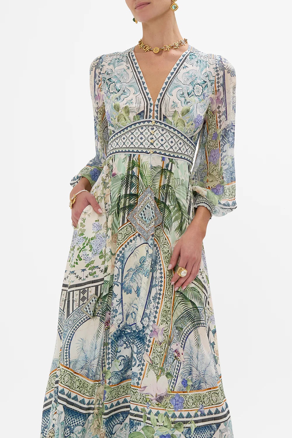 CAMILLA Button Dress with Shaped Waistband - Jardim Party - Magpie Style