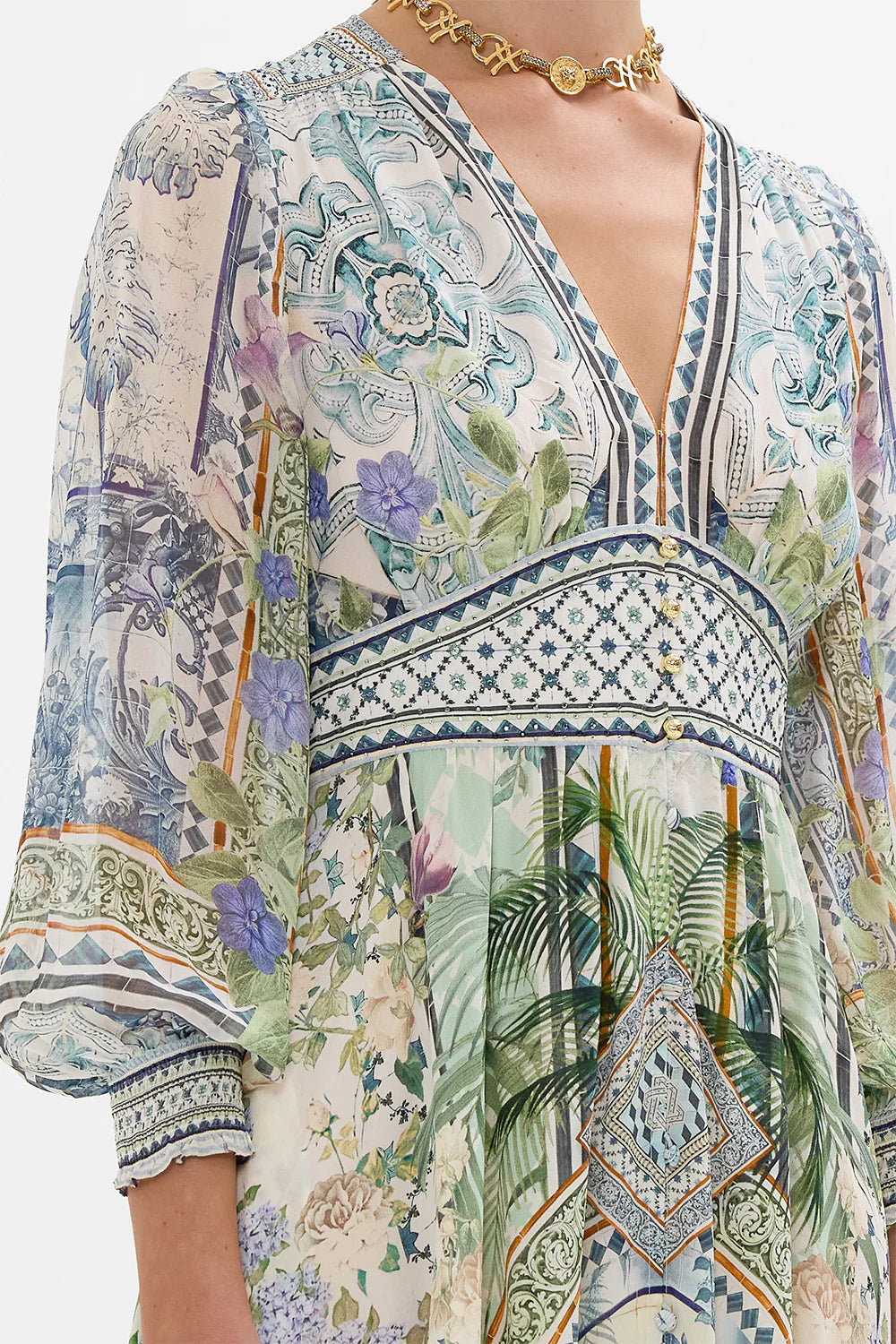 CAMILLA Button Dress with Shaped Waistband - Jardim Party - Magpie Style