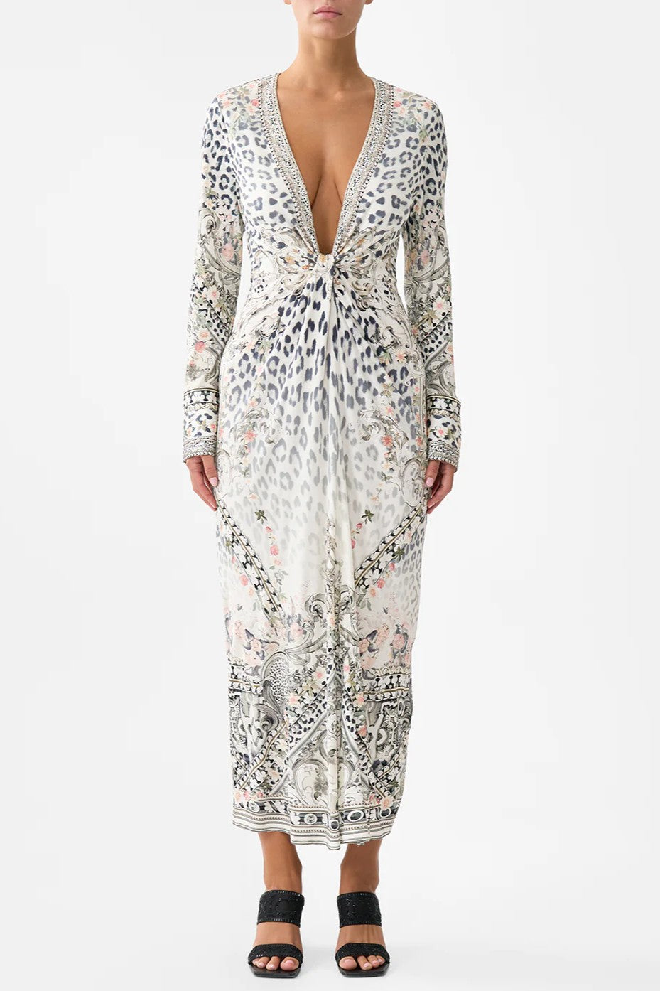 CAMILLA Long V Neck Twist Front Jersey Dress - Marble Heaven