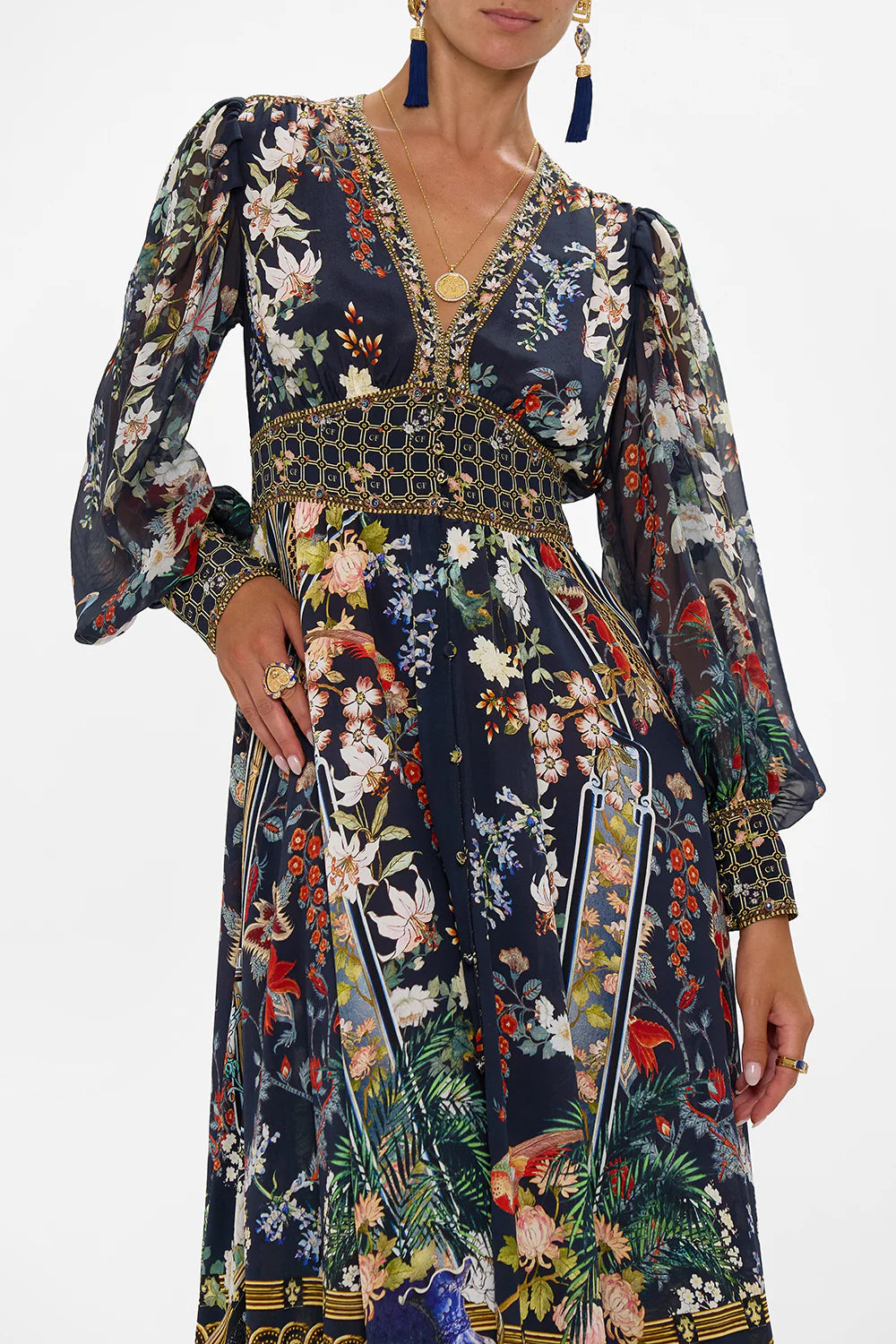CAMILLA Shaped Waistband Dress with Gathered Sleeves - Palacio Poetry - Magpie Style