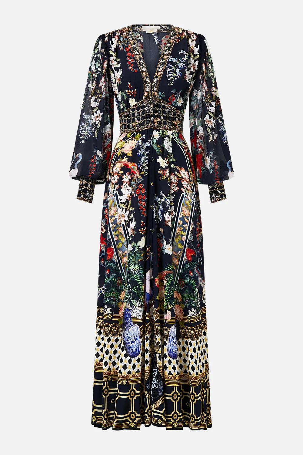 CAMILLA Shaped Waistband Dress with Gathered Sleeves - Palacio Poetry - Magpie Style