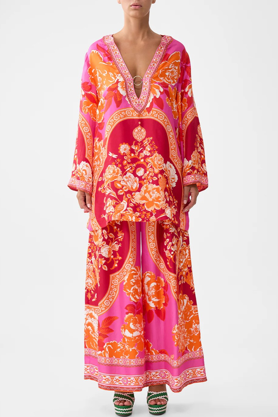 CAMILLA Deep V Neck Hardwire Short Kaftan - Tiles of Turkiye