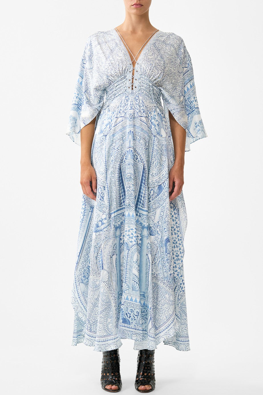 CAMILLA V Neck Lace Up Detail Long Dress - The Hum Of The Alhambra - Magpie Style