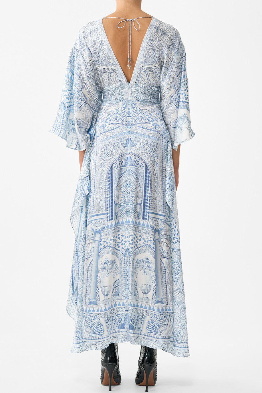 CAMILLA V Neck Lace Up Detail Long Dress - The Hum Of The Alhambra - Magpie Style