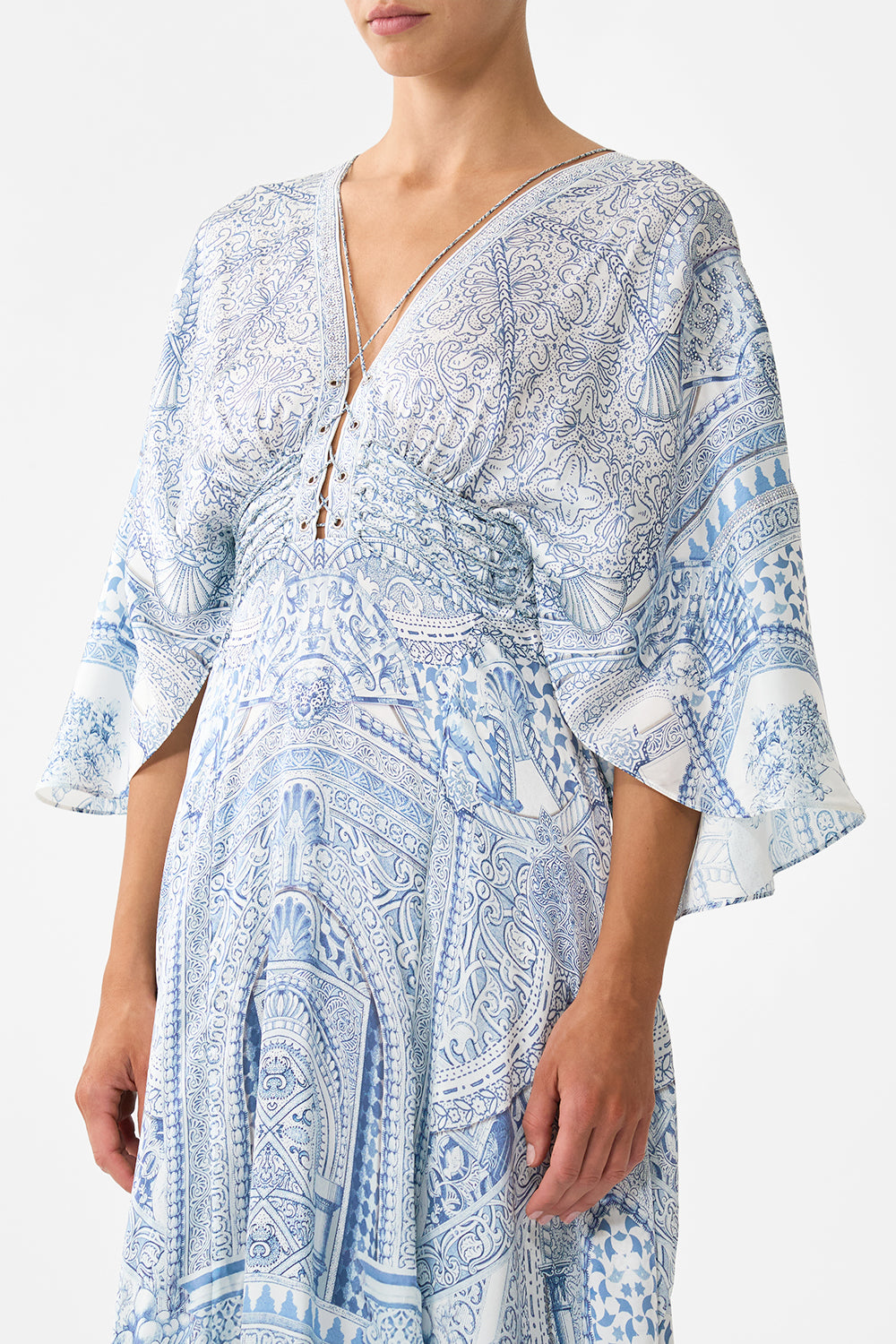 CAMILLA V Neck Lace Up Detail Long Dress - The Hum Of The Alhambra - Magpie Style