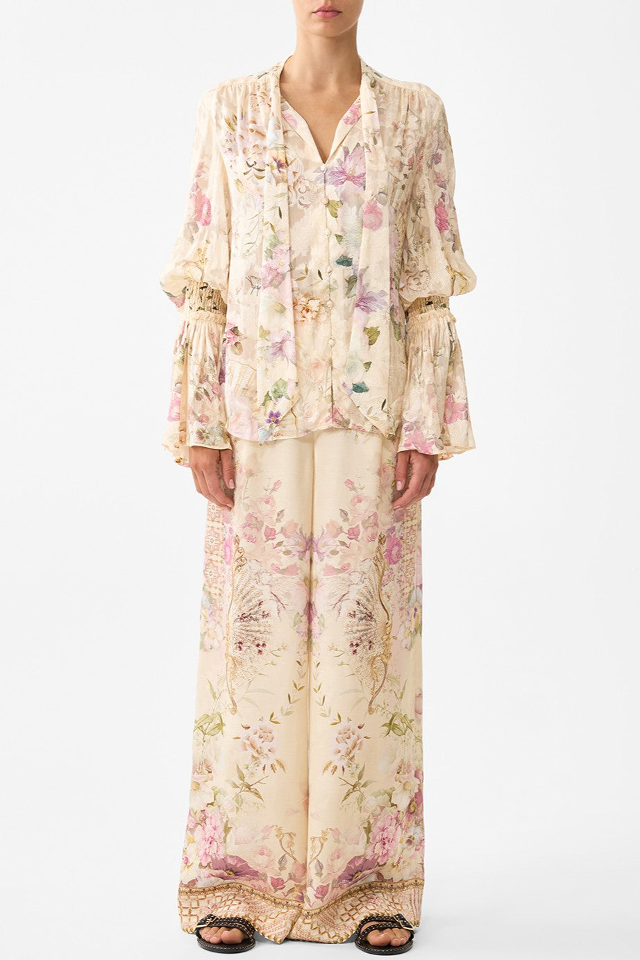 CAMILLA Elastic Sleeve Tie Front Blouse - Adorned In Aranjuez - Magpie Style