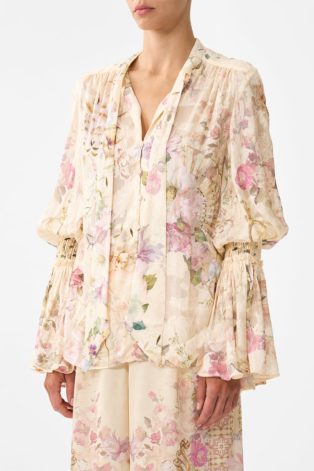 CAMILLA Elastic Sleeve Tie Front Blouse - Adorned In Aranjuez - Magpie Style