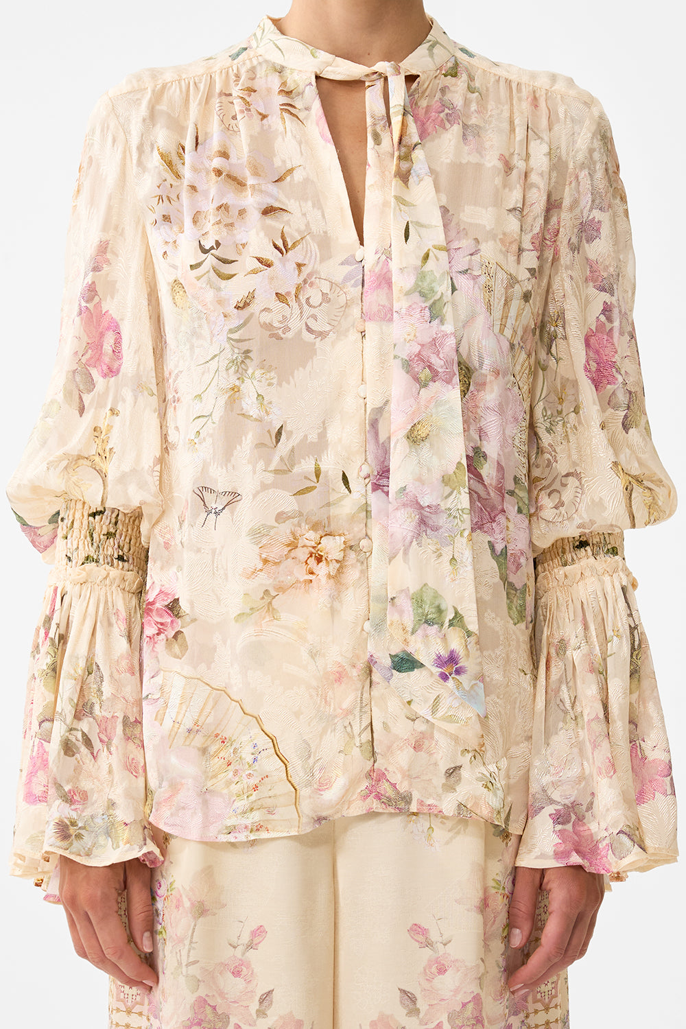 CAMILLA Elastic Sleeve Tie Front Blouse - Adorned In Aranjuez - Magpie Style