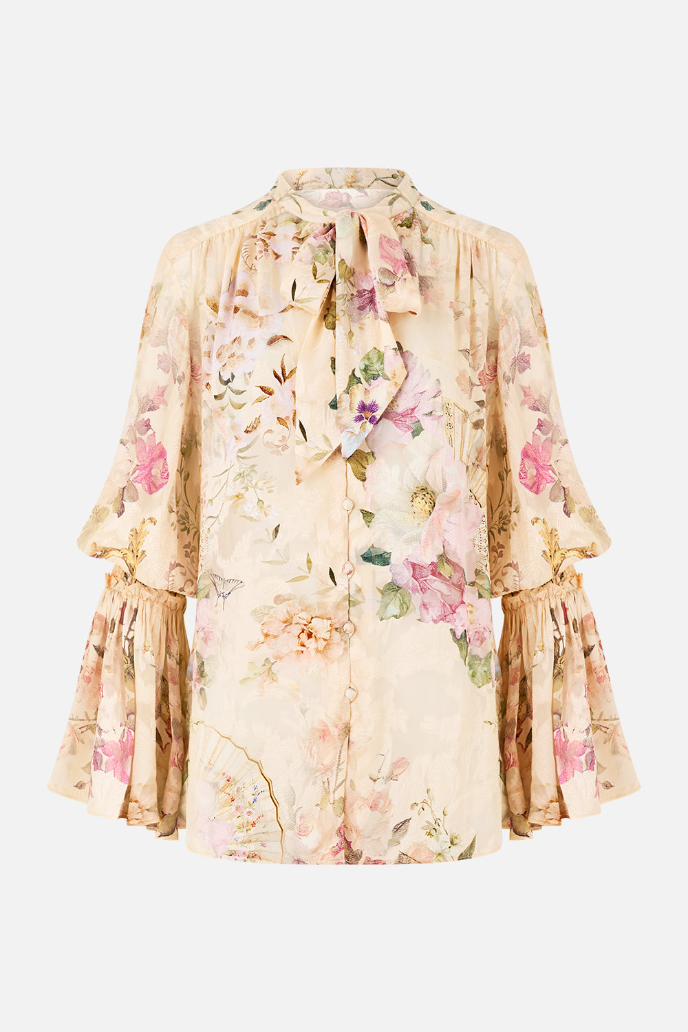 CAMILLA Elastic Sleeve Tie Front Blouse - Adorned In Aranjuez - Magpie Style