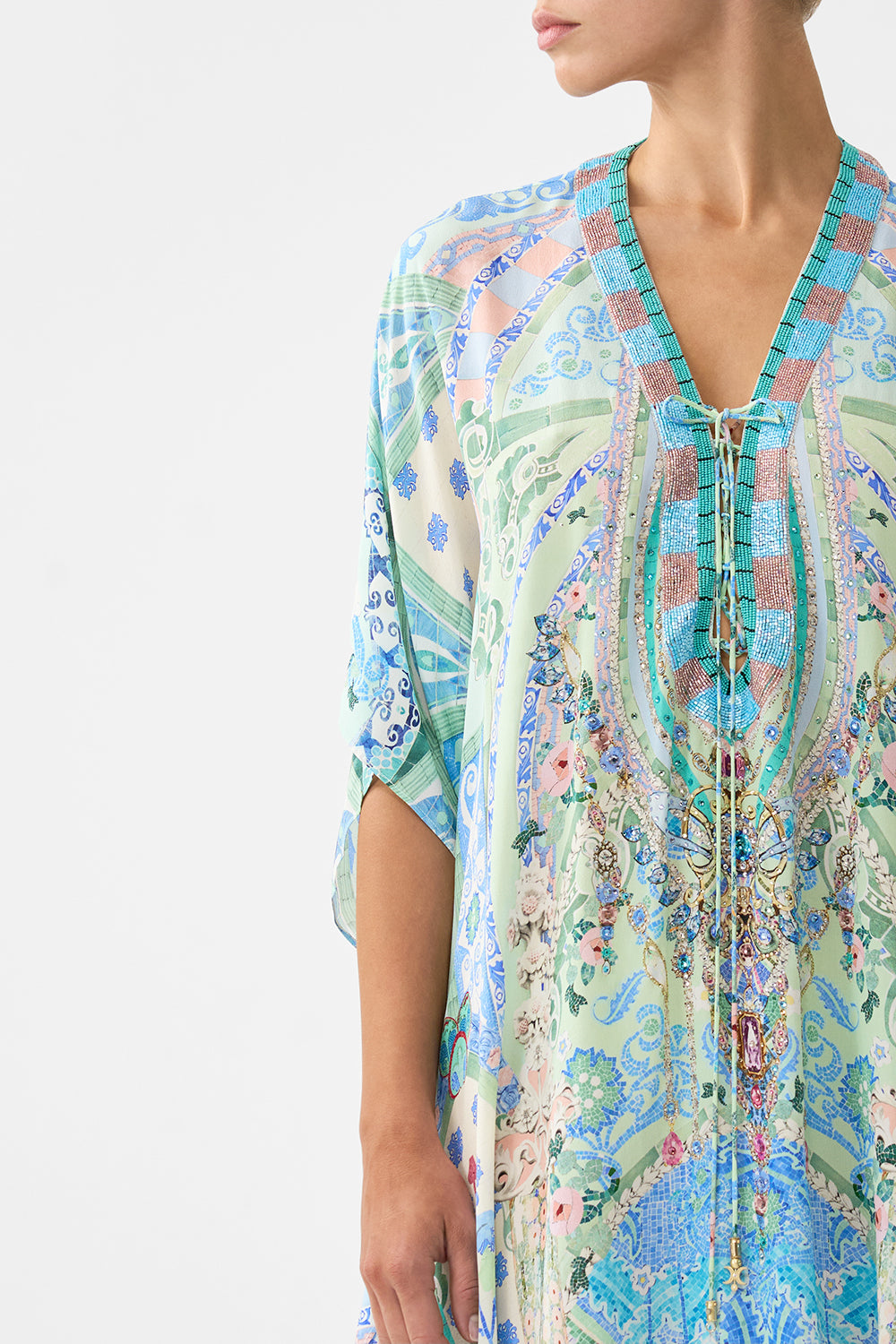 CAMILLA Short Lace Up Kaftan - Midsummer Mosaics - Magpie Style