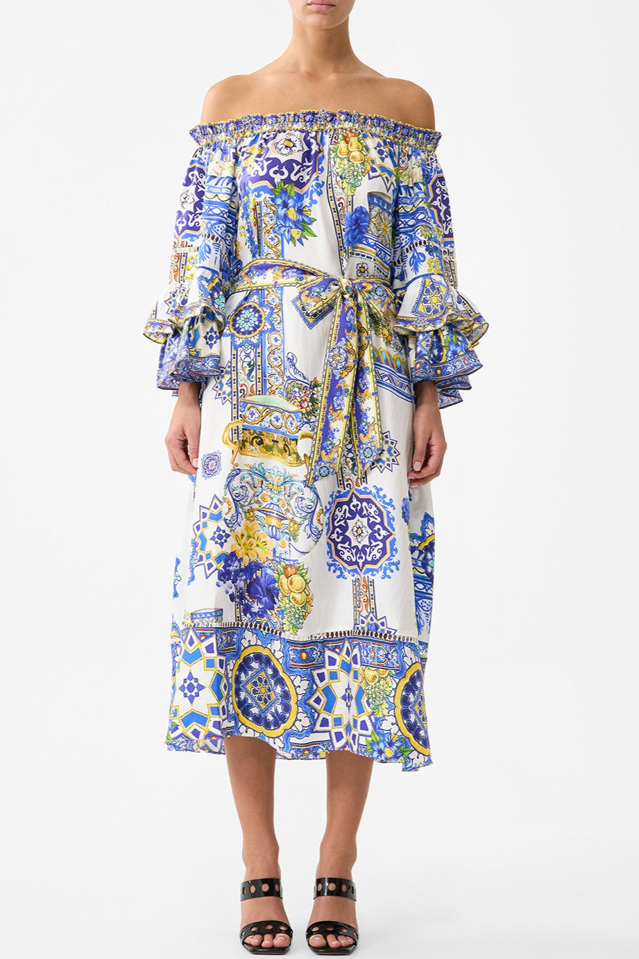 CAMILLA Off Shoulder Midi Dres with Frill Sleeve - Espana Nirvana - Magpie Style