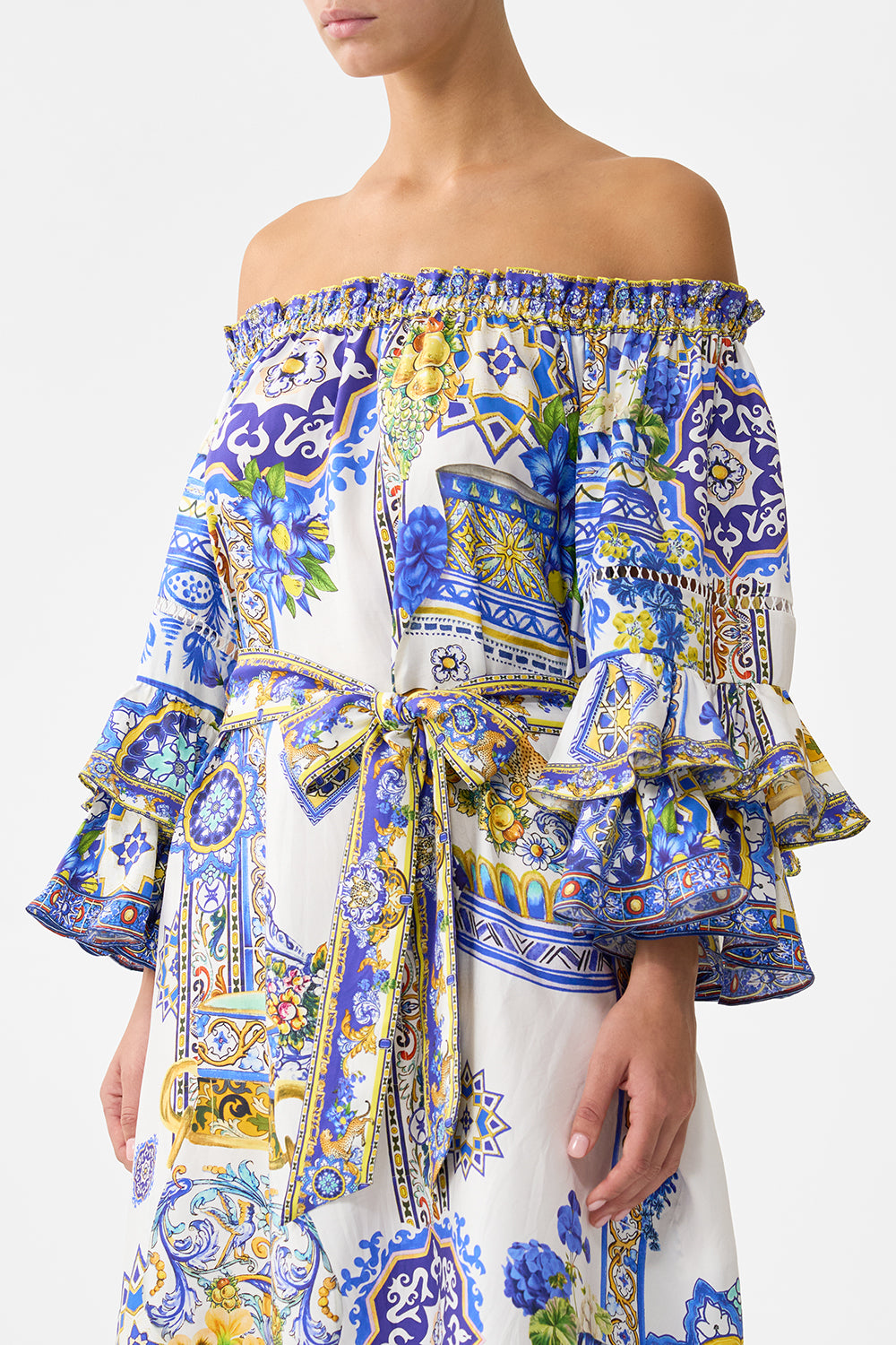 CAMILLA Off Shoulder Midi Dres with Frill Sleeve - Espana Nirvana - Magpie Style