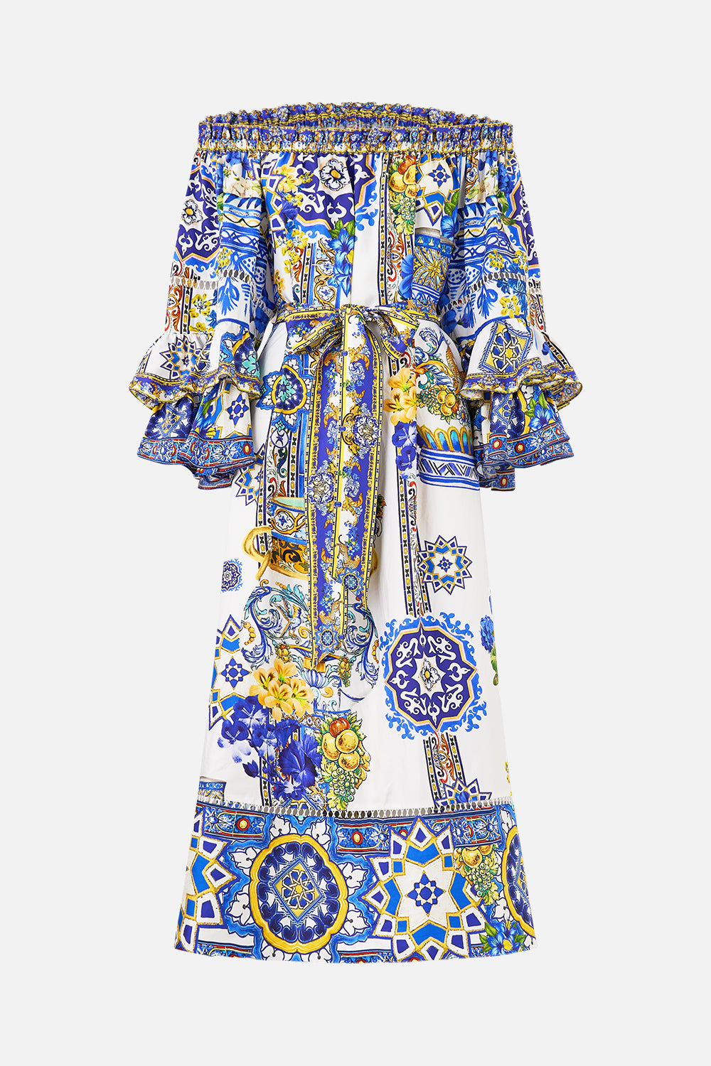 CAMILLA Off Shoulder Midi Dres with Frill Sleeve - Espana Nirvana - Magpie Style