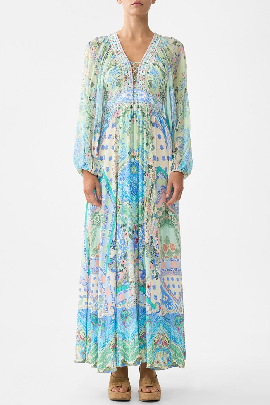 CAMILLA Lace Up Front Long Dress - Midsummer Mosaics - Magpie Style