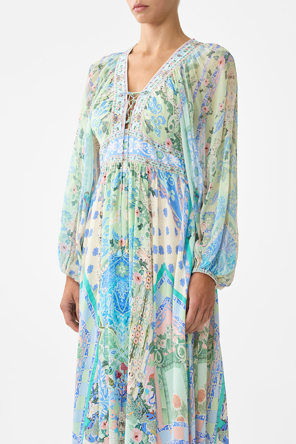 CAMILLA Lace Up Front Long Dress - Midsummer Mosaics - Magpie Style