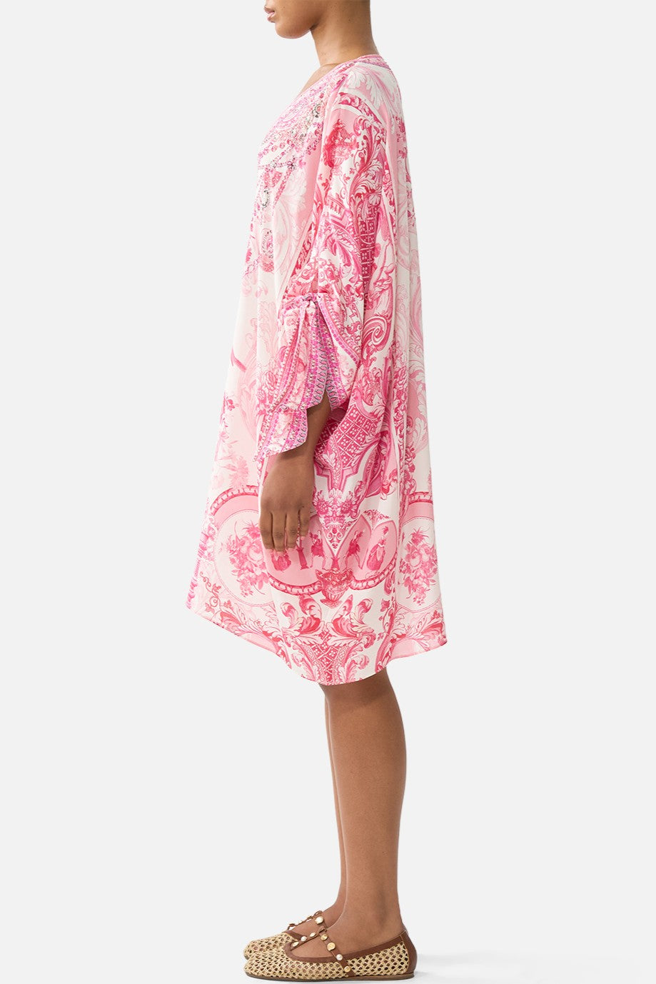 CAMILLA Tie Sleeve Short V Neck Kaftan - Livin La Vida Rosa - Magpie Style
