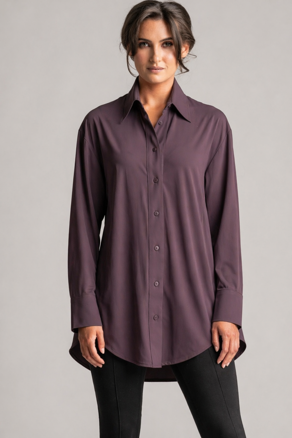 PAULA RYAN High Collar Boyfriend Shirt - Microjersey Cocoa Plum - Paula Ryan