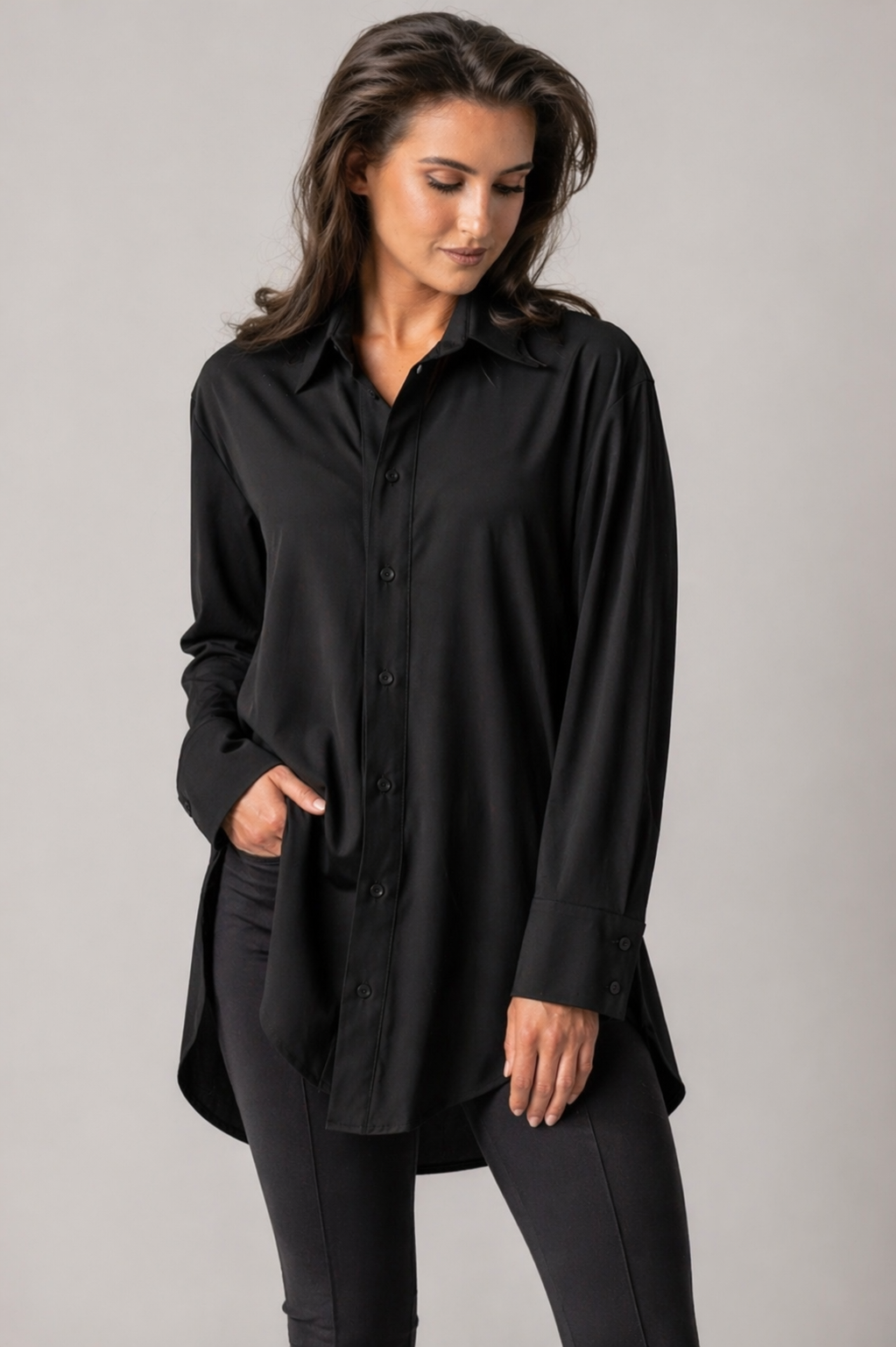 PAULA RYAN High Collar Boyfriend Shirt - Microjersey Black - Paula Ryan