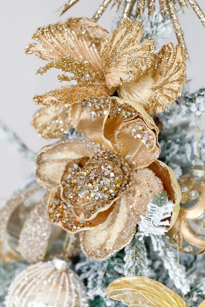 Large Gold Glitter Magnolia Decoration with Clip - Magpie Style